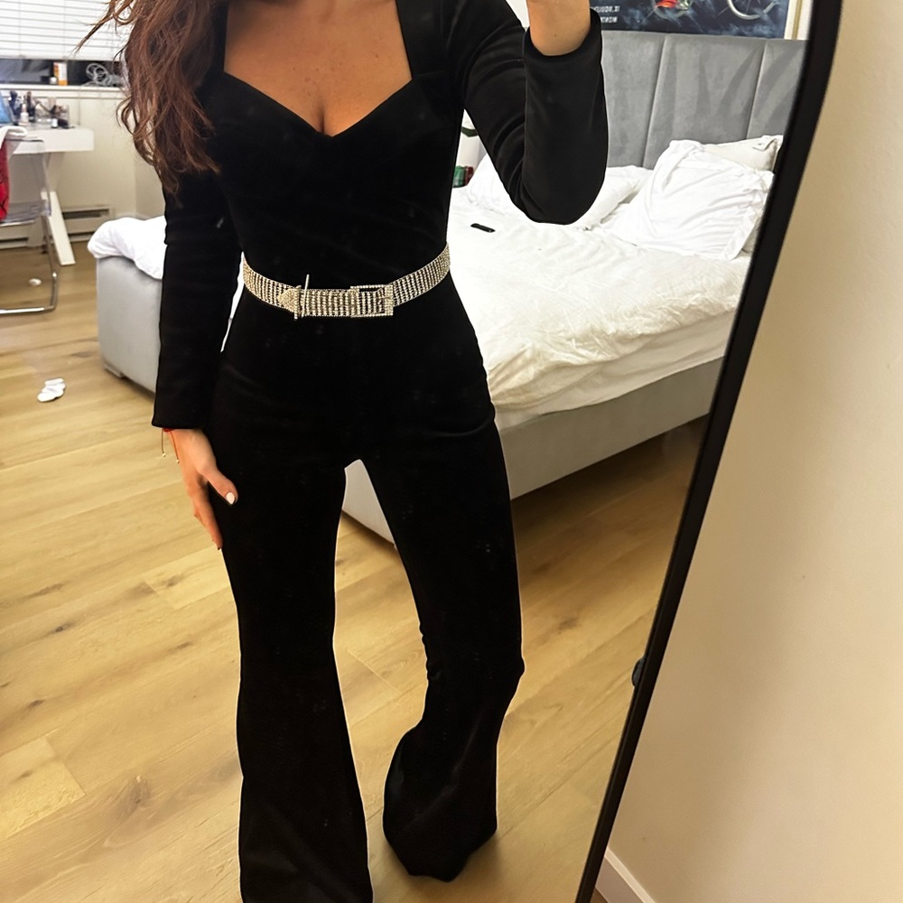 Nadine Merabi Natalie Black Jumpsuit with Rhinestone Belt Size S/M.